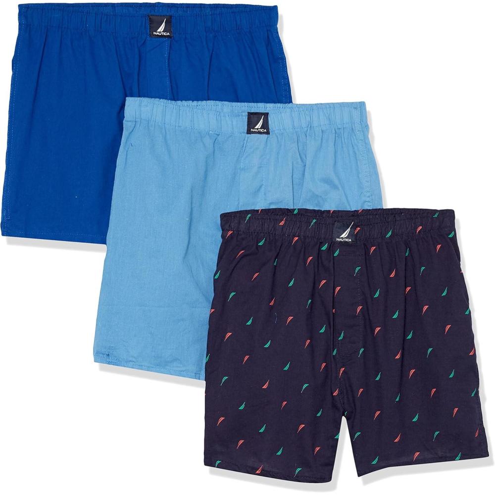 imageNautica mens Cotton Woven 3 Pack BoxersBright CobaltAero BlueSailspeacoat Holiday