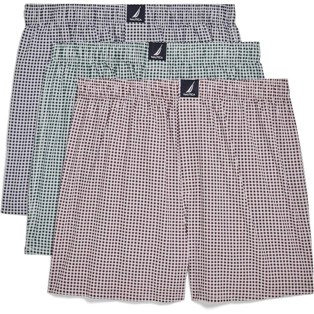 imageNautica mens Cotton Woven 3 Pack BoxersGinghampeacoatHunter GreenWine