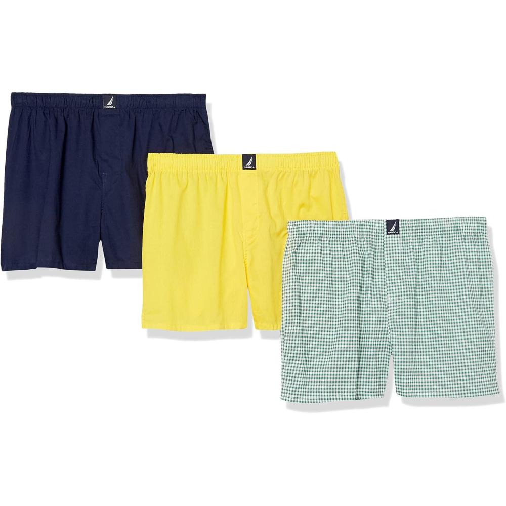 imageNautica mens Cotton Woven 3 Pack BoxersMari GoldPeacoatCheck Ocean Greenery