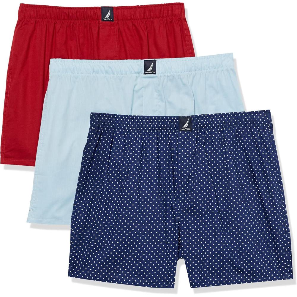 imageNautica mens Cotton Woven 3 Pack BoxersNoon BlueNautica RedPolka Dot Print