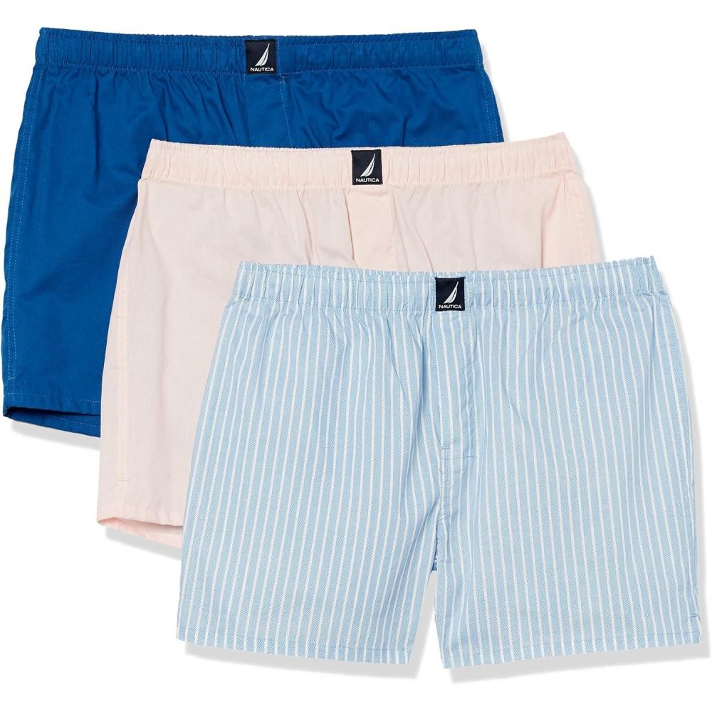 imageNautica mens Cotton Woven 3 Pack BoxersOasis PinkOcean LapisPin Stripe Silver Lake