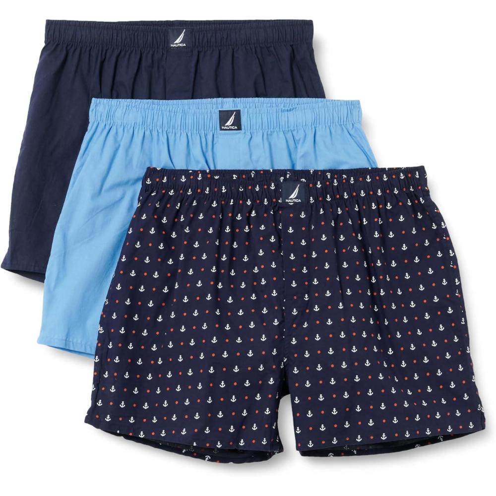 imageNautica mens Cotton Woven 3 Pack BoxersPeacoatAero BlueAnchor