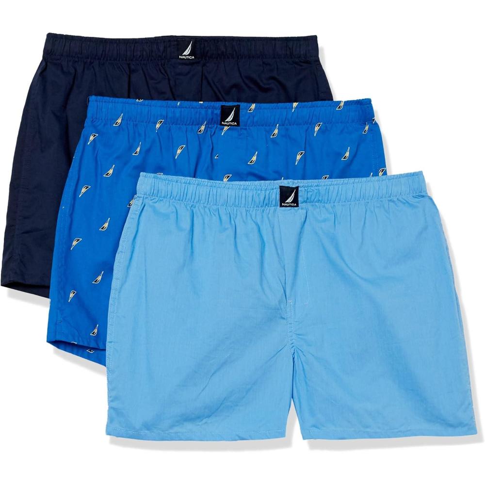 imageNautica mens Cotton Woven 3 Pack BoxersPeacoatAero BlueSails Outline