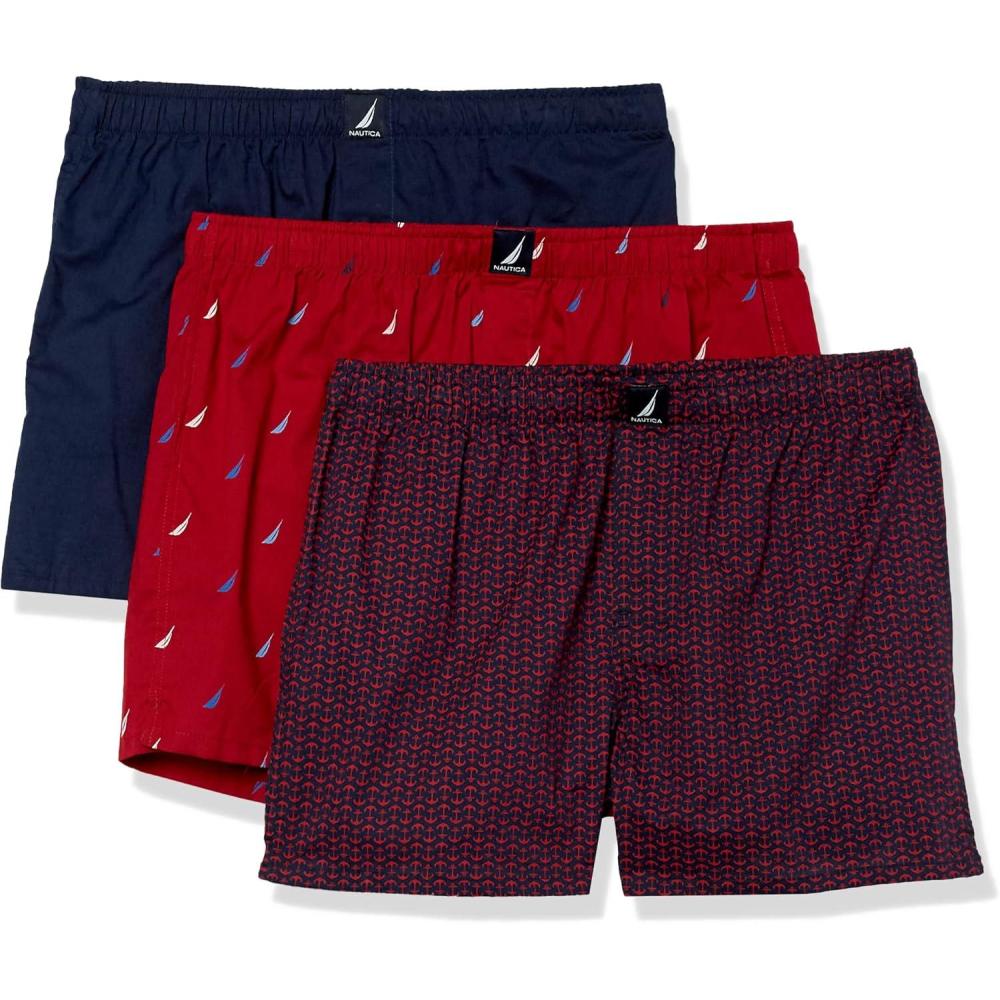 imageNautica mens Cotton Woven 3 Pack BoxersPeacoatAnchor PrintMulti Sails Red