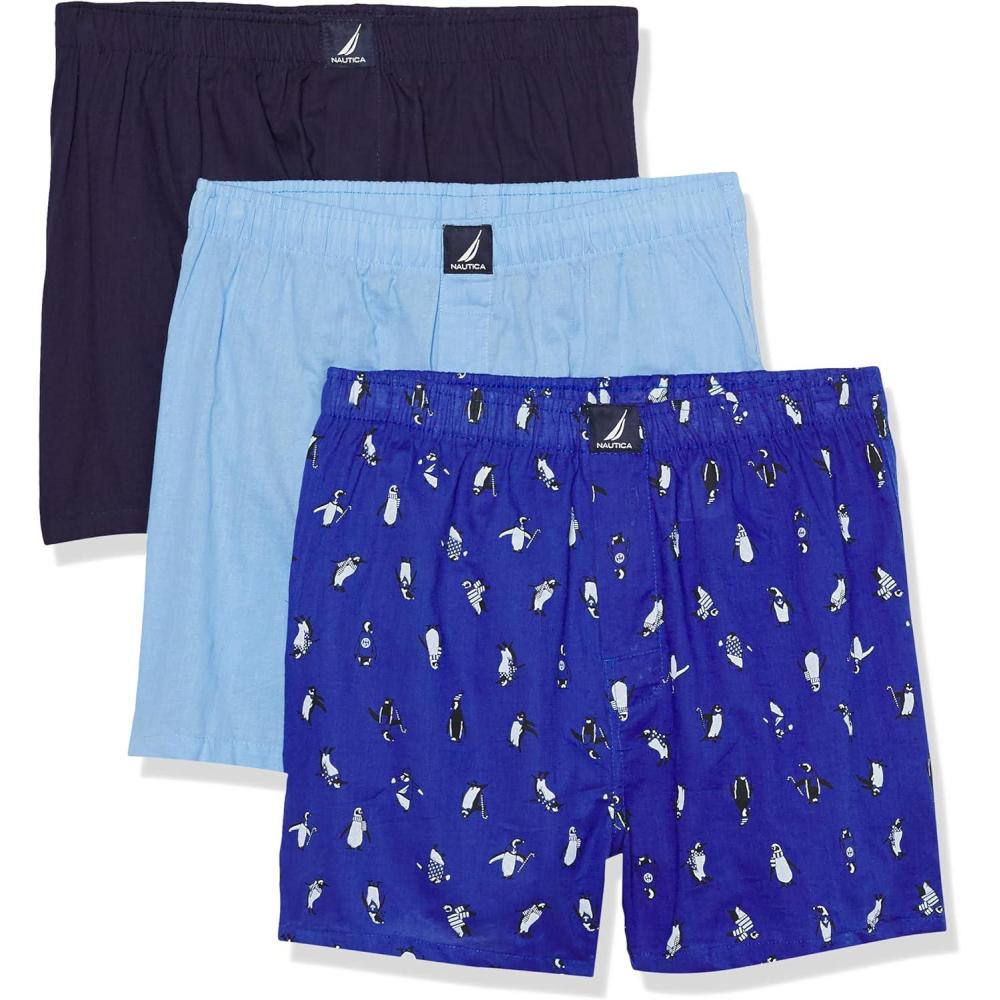 imageNautica mens Cotton Woven 3 Pack BoxersPeacoatCoastal SkyPenguinsocean Lapis