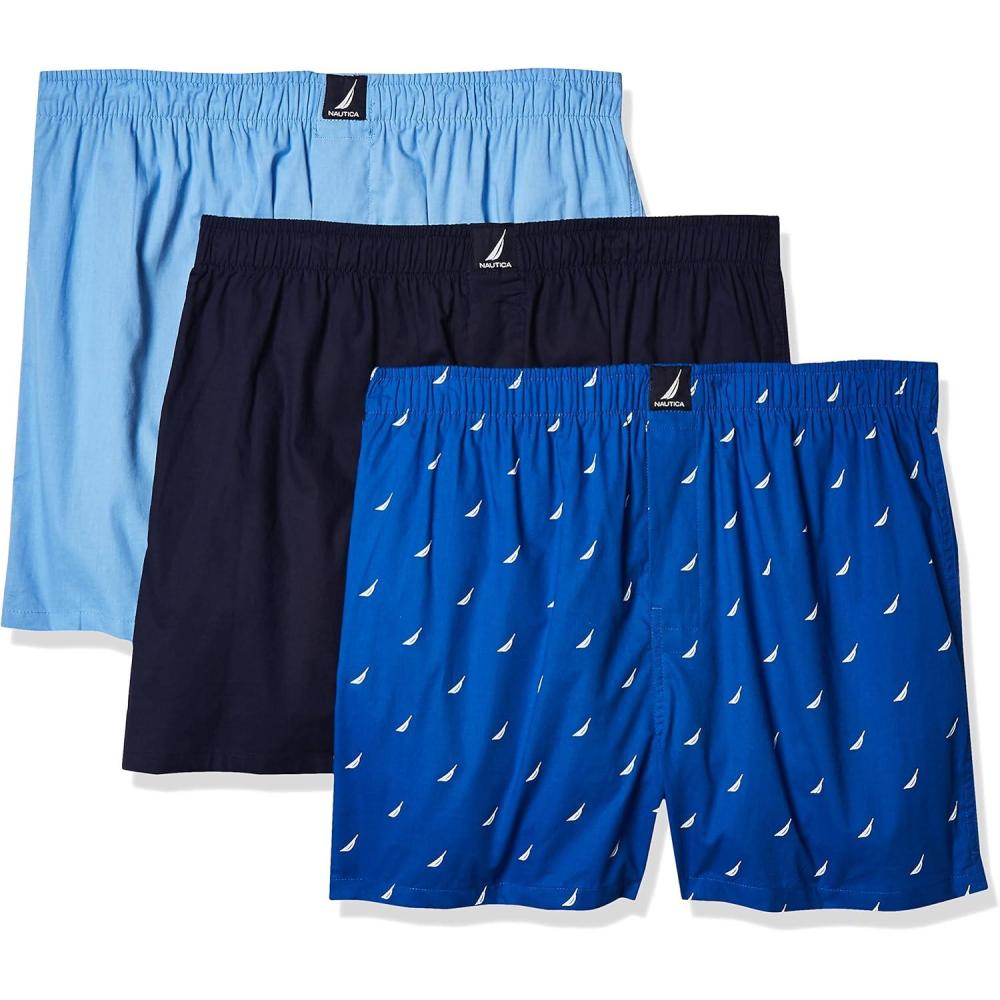 imageNautica mens Cotton Woven 3 Pack BoxersPeacoatDellarobbiaSailssea Cobalt