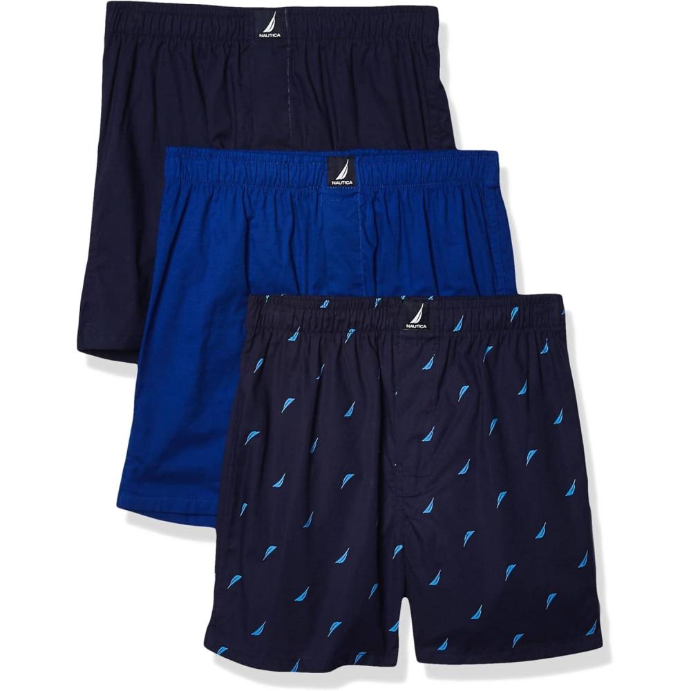imageNautica mens Cotton Woven 3 Pack BoxersPeacoatSurf the WebSails