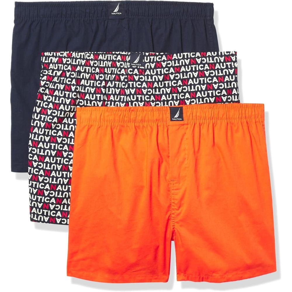imageNautica mens Cotton Woven 3 Pack BoxersPeacoatTropic OrangeNautica Logo Print