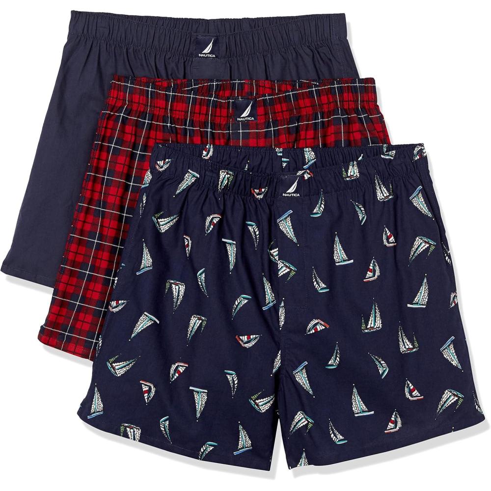 imageNautica mens Cotton Woven 3 Pack BoxersPeacoatWinter PlaidredHoliday Sailboatspeacoat