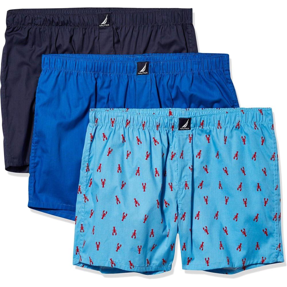 imageNautica mens Cotton Woven 3 Pack BoxersSea CobaltPeacoatLobsteraero Blue