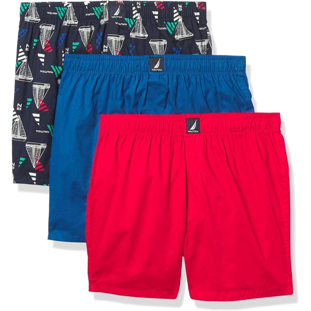 imageNautica mens Cotton Woven 3 Pack BoxersWindsurf BlueNautica RedSail Blue Print
