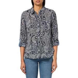 imageNautica Womens Button Front Long Sleeve Roll Tab ShirtNight Sky White Cap