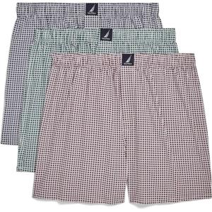 imageNautica mens Cotton Woven 3 Pack BoxersGinghampeacoatHunter GreenWine