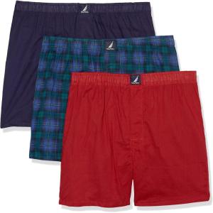 imageNautica mens Cotton Woven 3 Pack BoxersPeacoatNautica RedHoliday Plaidwindsurf