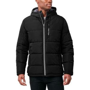 imageNautica Mens Midweight Quilted Faux Memory Puffer Jacket Adjustable Hood Insulated Winter CoatBlack