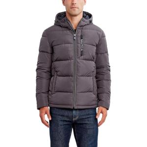 imageNautica Mens Midweight Quilted Faux Memory Puffer Jacket Adjustable Hood Insulated Winter CoatCharcoal