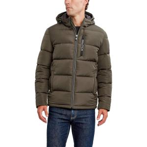 imageNautica Mens Midweight Quilted Faux Memory Puffer Jacket Adjustable Hood Insulated Winter CoatLoden