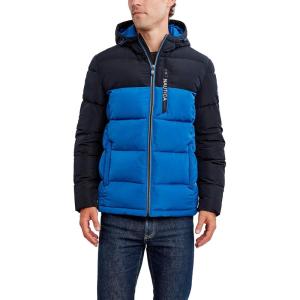 imageNautica Mens Midweight Quilted Faux Memory Puffer Jacket Adjustable Hood Insulated Winter CoatMonaco Blue