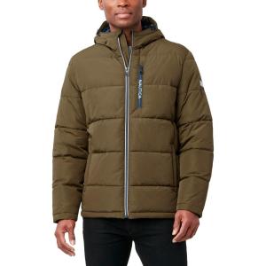 imageNautica Mens Midweight Quilted Faux Memory Puffer Jacket Adjustable Hood Insulated Winter CoatOlvbrown