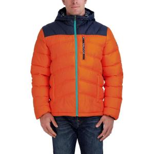 imageNautica Mens Midweight Quilted Faux Memory Puffer Jacket Adjustable Hood Insulated Winter CoatOrange