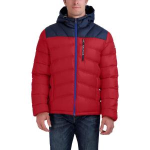imageNautica Mens Midweight Quilted Faux Memory Puffer Jacket Adjustable Hood Insulated Winter CoatRednavy