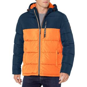 imageNautica Mens Midweight Quilted Faux Memory Puffer Jacket Adjustable Hood Insulated Winter CoatSunset