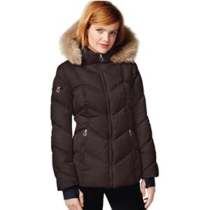 imageNautica Womens Short Puffer Coat with Faur Fur Trim HoodChocolate