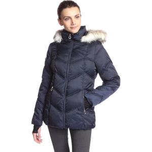 imageNautica Womens Short Puffer Coat with Faur Fur Trim HoodMarine