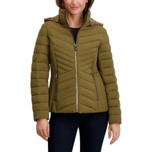 imageNautica Womens Short Puffer Coat with Faux Fur Trim HoodOlive