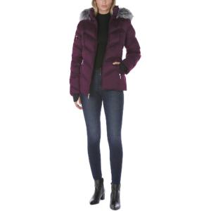 imageNautica Womens Short Puffer Coat with Faux Fur Trim HoodPurple