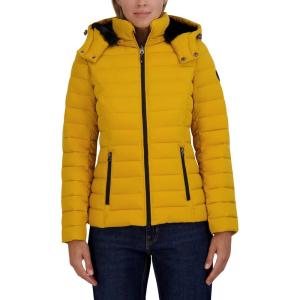 imageNautica Womens Short Puffer Coat with Faux Fur Trim HoodYellow