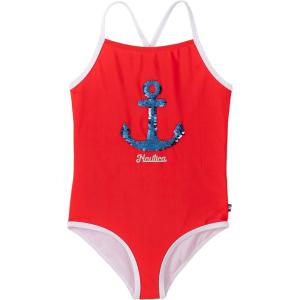 imageNautica Girls OnePiece Swimsuit with UPF 50 Sun Protection Quick Drying Bathing SuitFiery Red Anchor