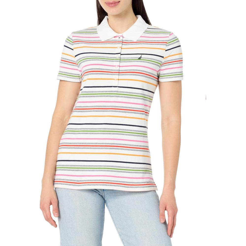 imageNautica Womens 5Button Short Sleeve Breathable 100 Cotton Polo ShirtBright White Multi