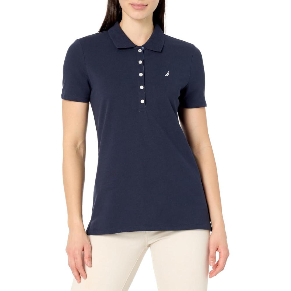 imageNautica Womens 5Button Short Sleeve Breathable 100 Cotton Polo ShirtNight Sky