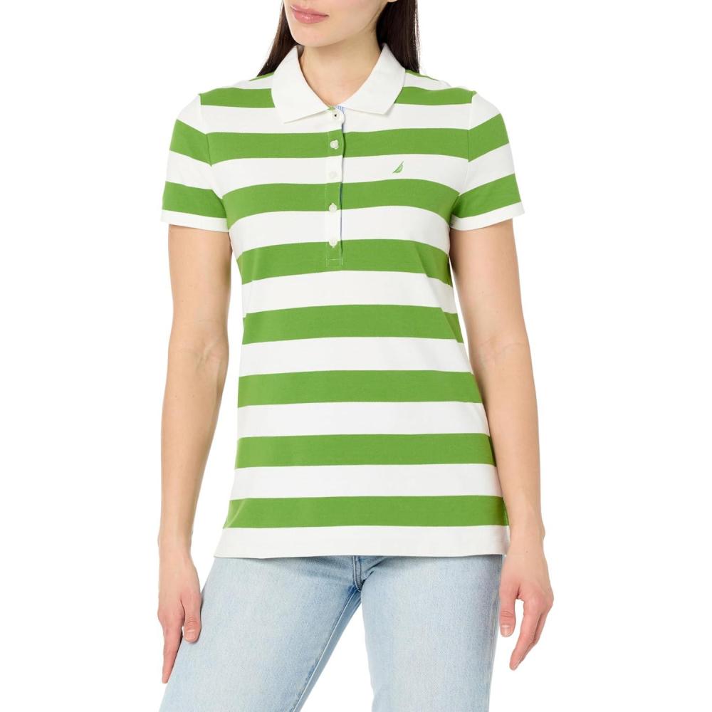 imageNautica Womens 5Button Short Sleeve Breathable 100 Cotton Polo ShirtSalted LimeBright White