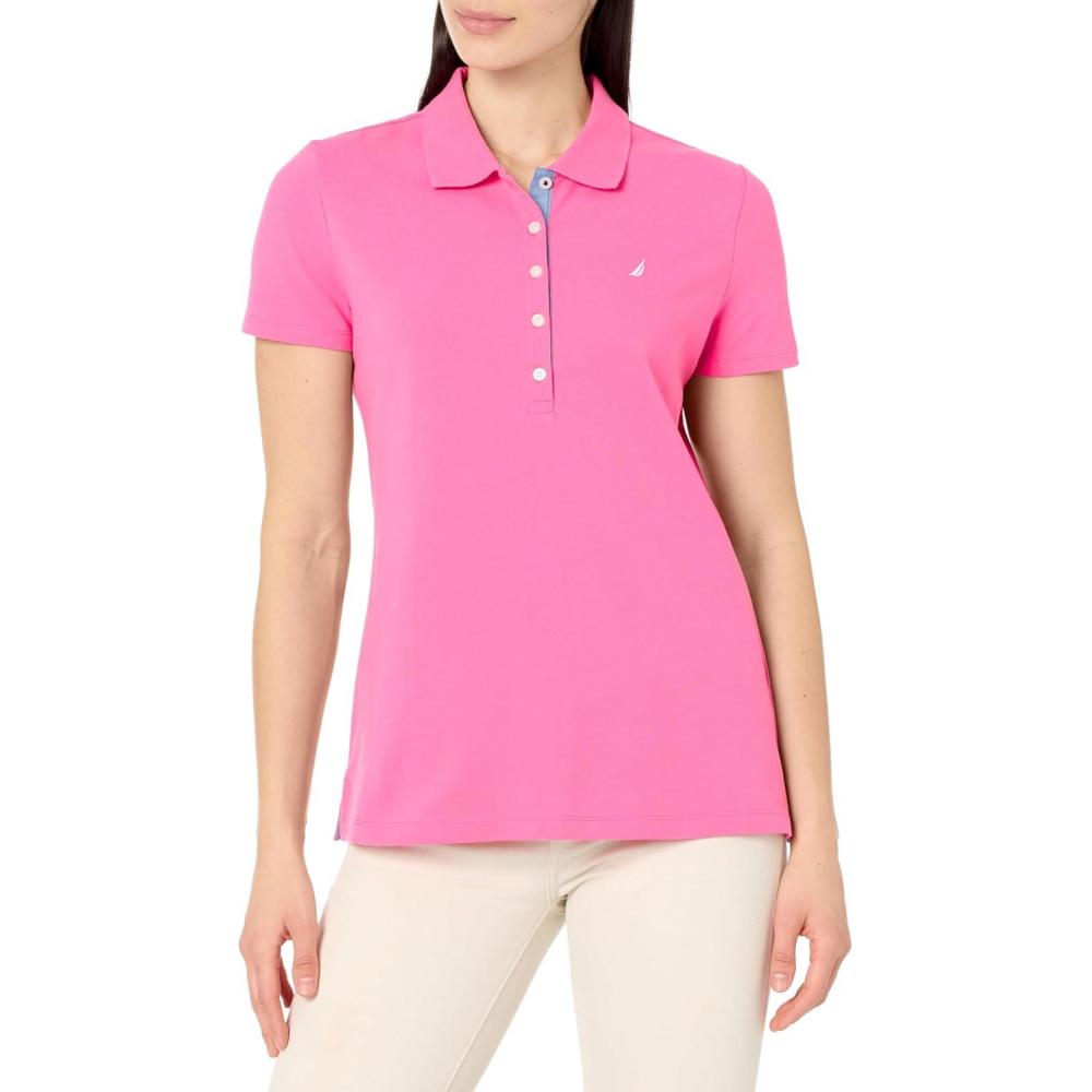 imageNautica Womens 5Button Short Sleeve Breathable 100 Cotton Polo ShirtSangria Sunset