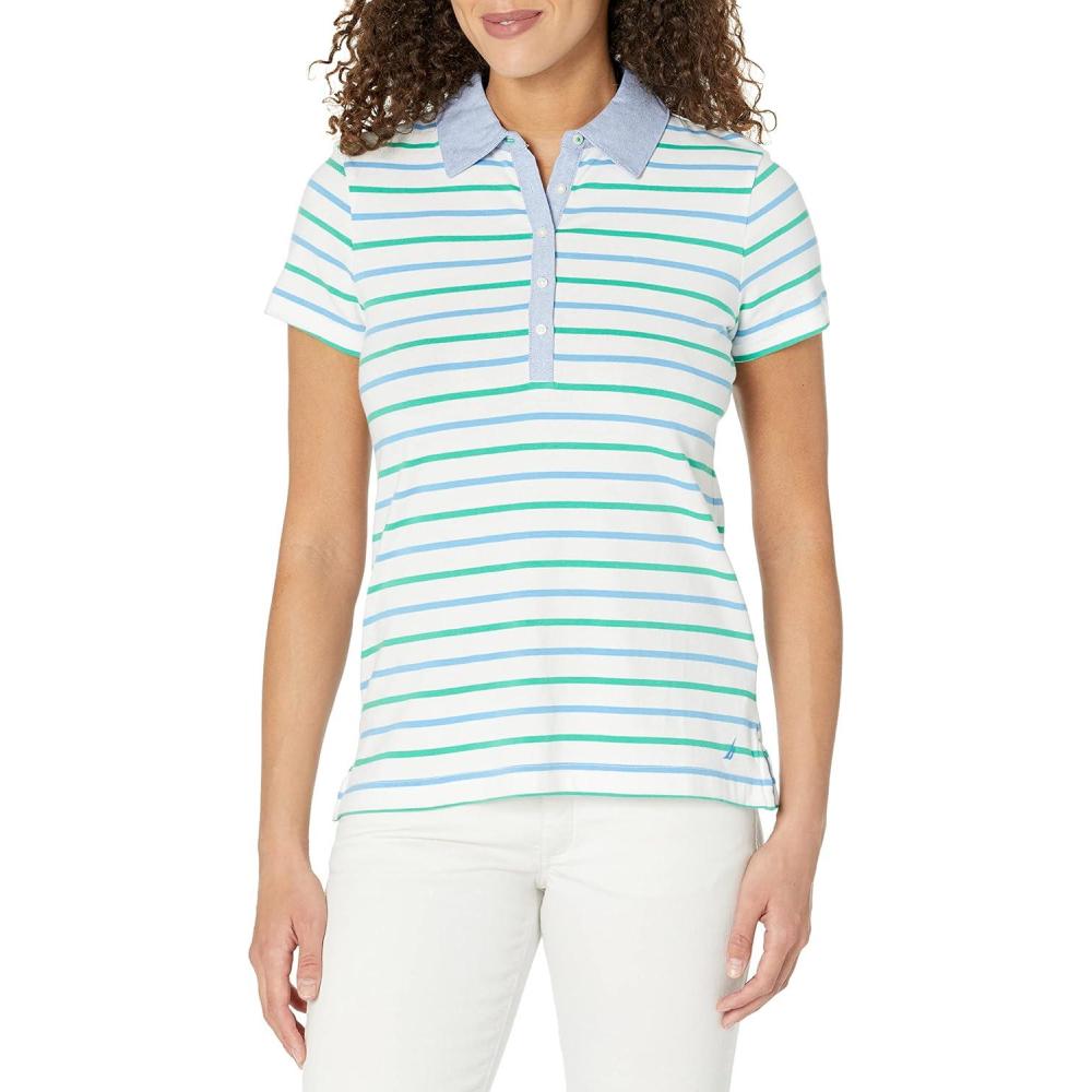 imageNautica Womens 5Button Short Sleeve Breathable 100 Cotton Polo ShirtSpinner Green