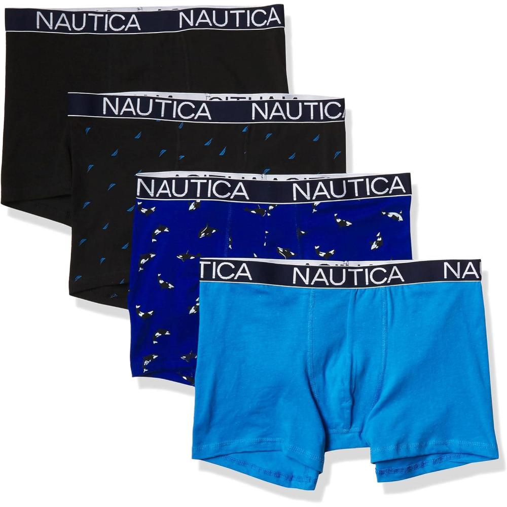 imageNautica mens Cotton Stretch 4 Pack Boxer BriefAeroBlackOrcasbright CobaltSail Print
