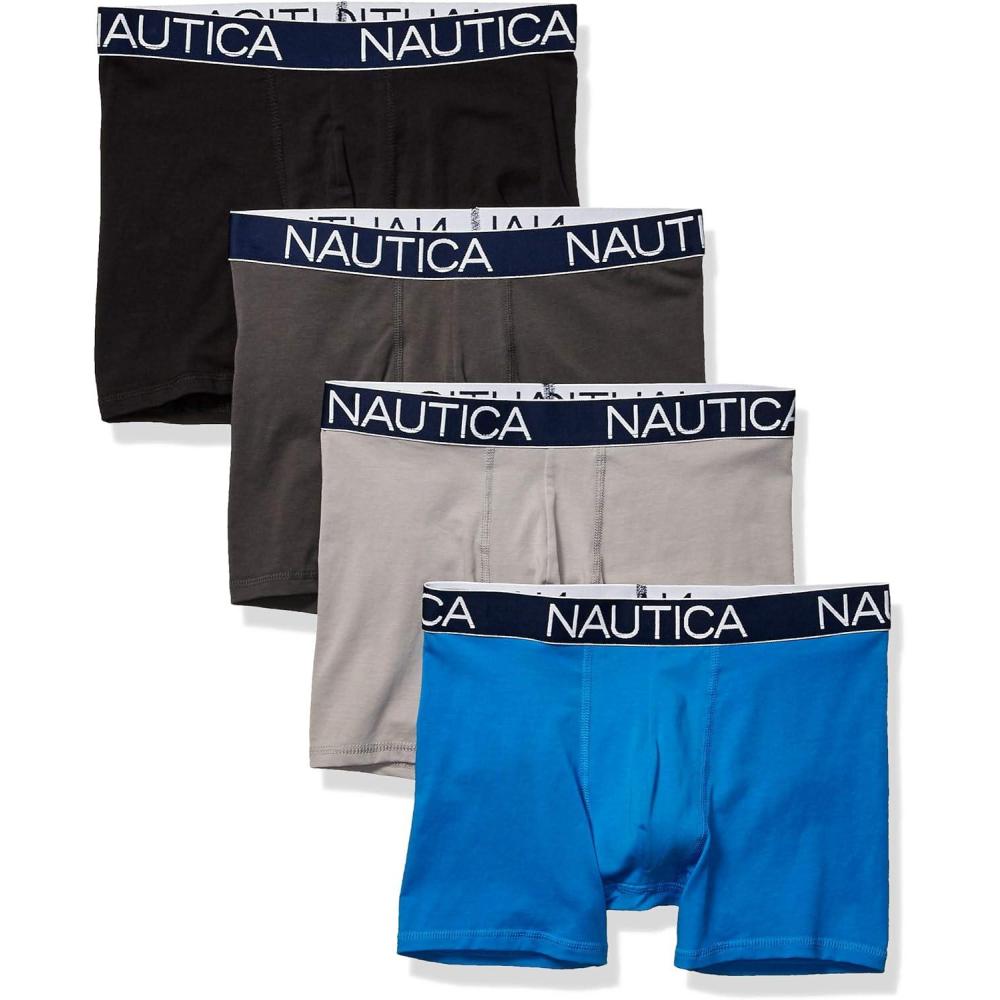 imageNautica mens Cotton Stretch 4 Pack Boxer BriefBlackCharcoalAlloyCapri Blue