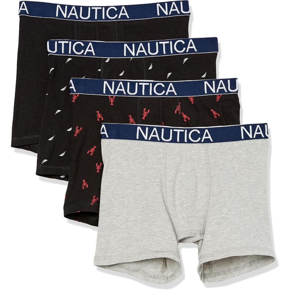 imageNautica mens Cotton Stretch 4 Pack Boxer BriefBlackHeather GreySail PrintLobster