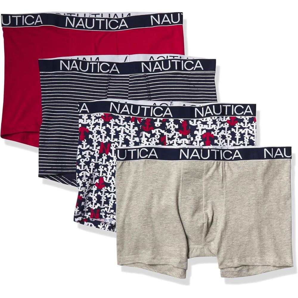 imageNautica mens Cotton Stretch 4 Pack Boxer BriefNautica RedHeather GreyPin StripeBold Anchor