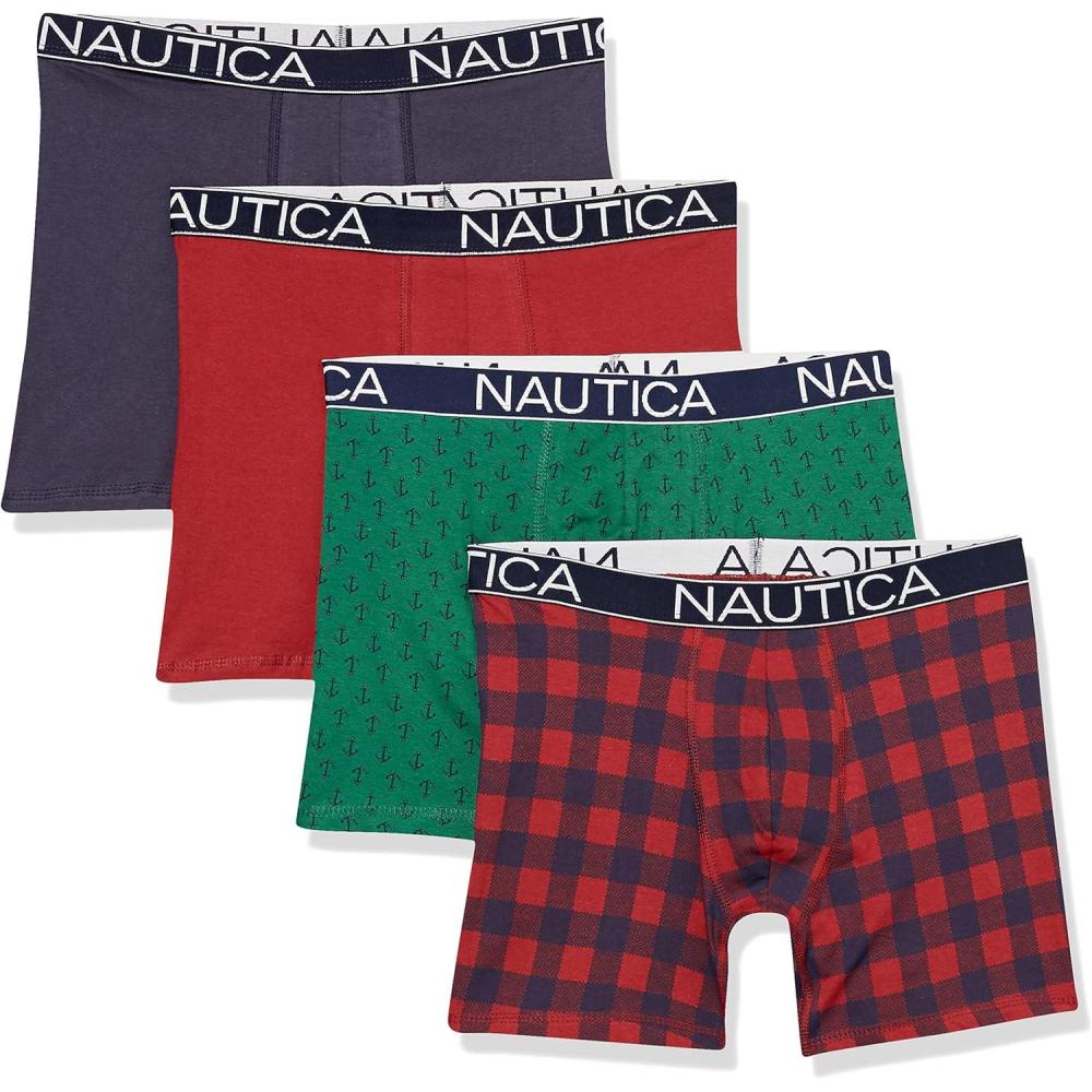 imageNautica mens Cotton Stretch 4 Pack Boxer BriefPeacoatNautica RedNautica PlaidAnchor Print