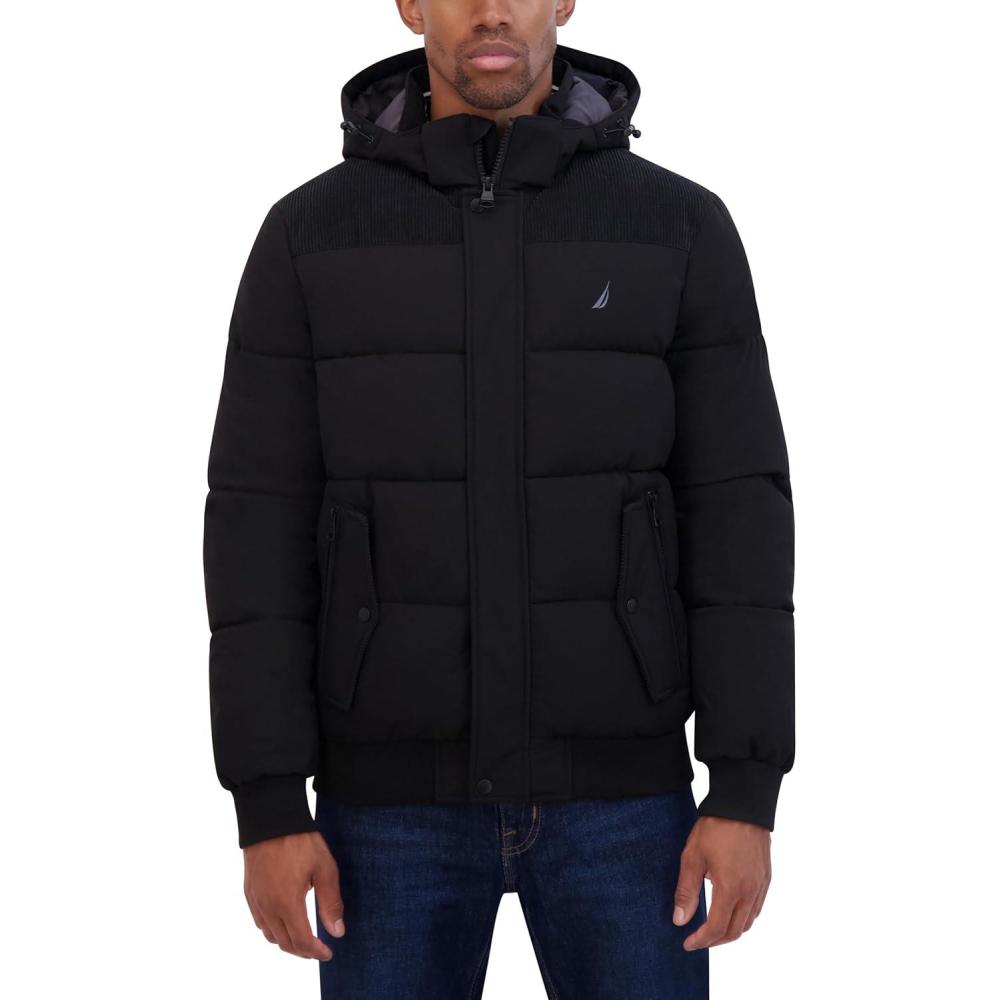 imageNautica mens Lightweight Mix Media Bomber Jacket  Mechanical Stretch Waterresistant CoatBlack