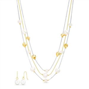 image:imageNautica Beaded Station Necklace Simulated Pearl Earring Set for Women Rhodium amp 14K Yellow Gold Plated Alloy 2126 Inches