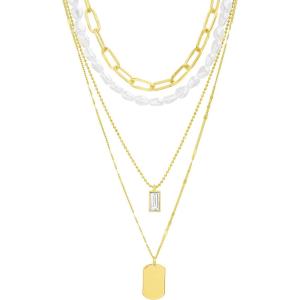 image:imageNautica Simulated Pearl Rhinestone Dog Tag Necklace Set for Women 14K Yellow Gold Plated Alloy 17  23 Inches
