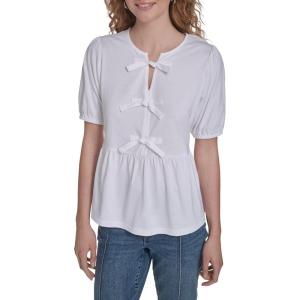 image:imageNautica Womens Short Sleeve Peplum Solid Bow Detail TopBright White