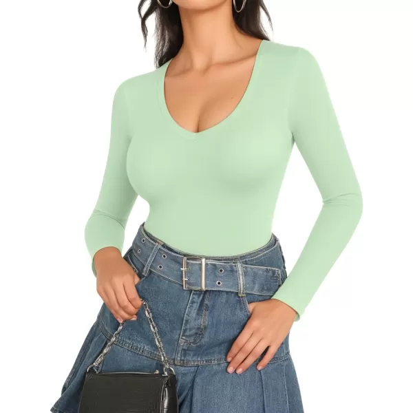 MANGOPOP Deep V Neck Long Sleeve Tops Bodysuit for Women ClothingLong Sleeve Fern Green