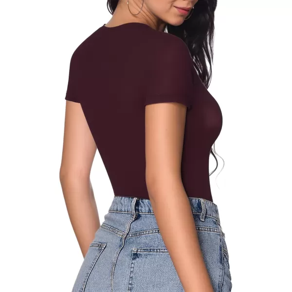 MANGOPOP Deep V Neck Short Sleeve Tops Bodysuit for Women ClothingBurgundy