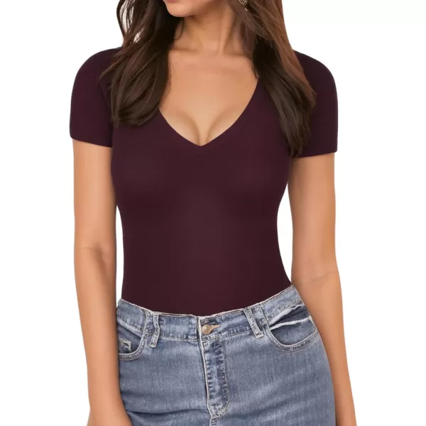 MANGOPOP Deep V Neck Short Sleeve Tops Bodysuit for Women ClothingBurgundy