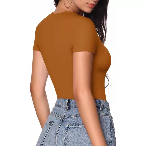 MANGOPOP Deep V Neck Short Sleeve Tops Bodysuit for Women ClothingCamel